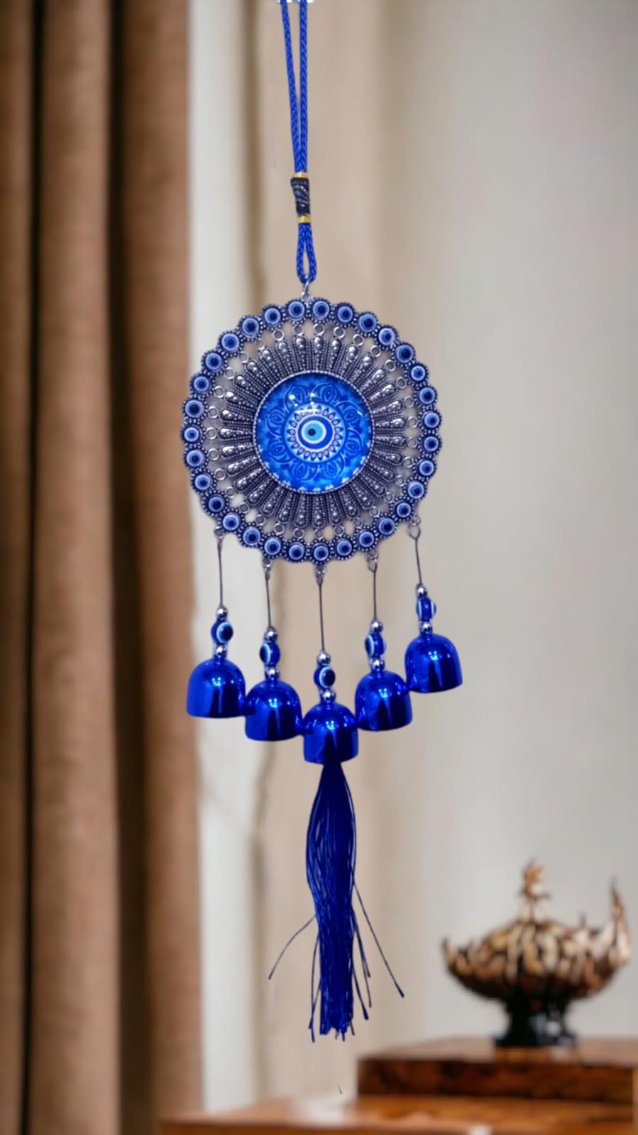 Vyom Online Store Nazar Battu Evil Eye Wall Hanging Decor with Flower Wind Chime Bells, Home Interior Accessory for Good Fortune and Prosperity Hanging for Home and Office Entrance, Decorative-image-6