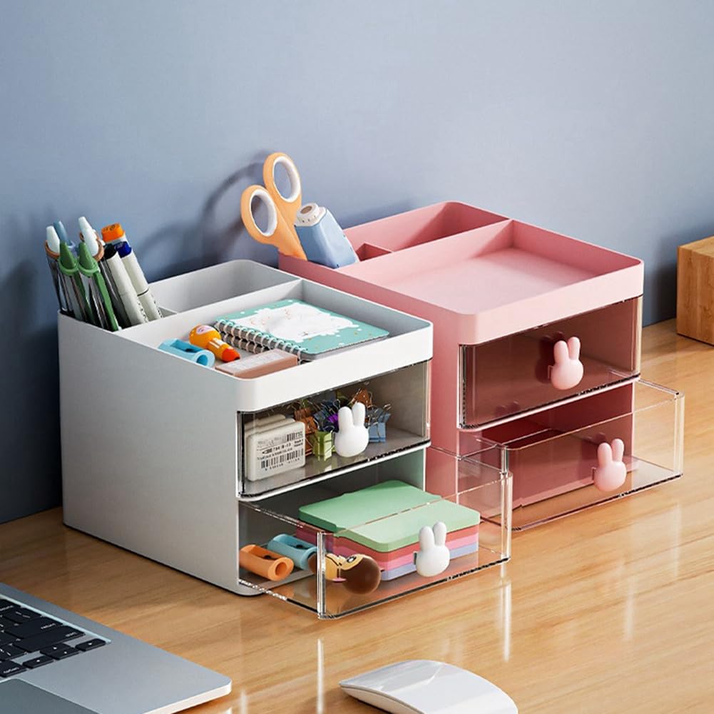 Boîte De Rangement Bureau Transparente Avec Tiroirs - Forme Lapin Mignon - Pour Enfants Et Étudiants - Rose - 3