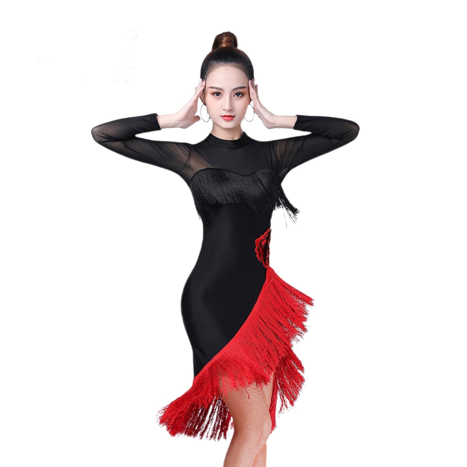 MEECHI Robe De Danse Latine Femme Dress De Danse Latine Rouge À Broderie Florale Jupes De Danse À Franges Irrégulières for Rumba Samba Tango Jazz Costumes De Danse Professionnels for Fête