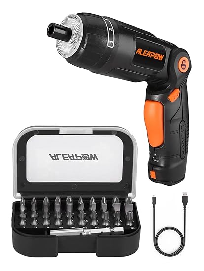 ALEAPOW 4V Electric Screwdriver Cordless, 6+1 Torque Setting 5N.m, 3 Position Handle, Front and Rear LED, 2000mAh USB Rechargeable, 31 Pieces Bits - O4