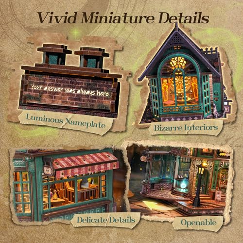 Image of FUNPOLA 3D Wooden Puzzle Magic Bookstore with LED Lights - DIY Miniature Kit, Spellbound Bookshop, Home Decor Display, Creative Gift for Adults and Teens