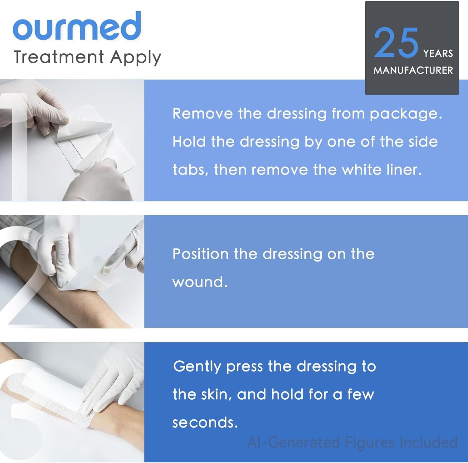 Ourmed Island Dressing Bordered Gauze 6"x 6"(4"x 4" Absorbent Pad), Pack of 25, Self-Adhesive Sterile Sensitive Dressing with Absorbent, Latex& Rubber- Free, for Cuts and Scratches