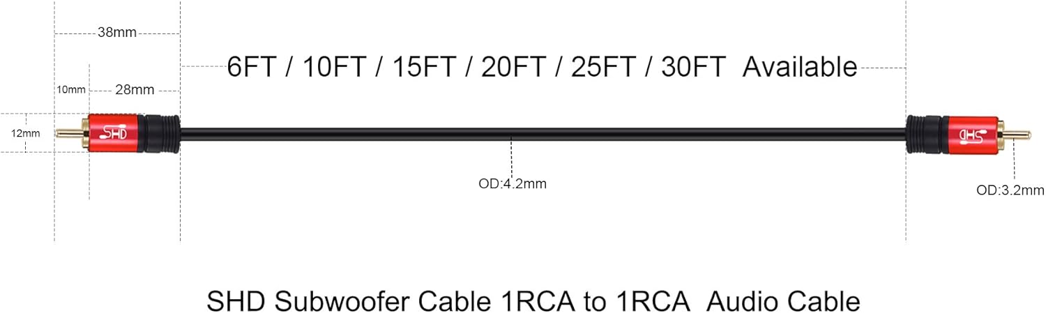 Subwoofer Cable,SHD RCA Cable RCA to RCA Audio Cable Premium Sound Quality Dual Shielded with Gold Plated Connectors-6Feet : Electronics