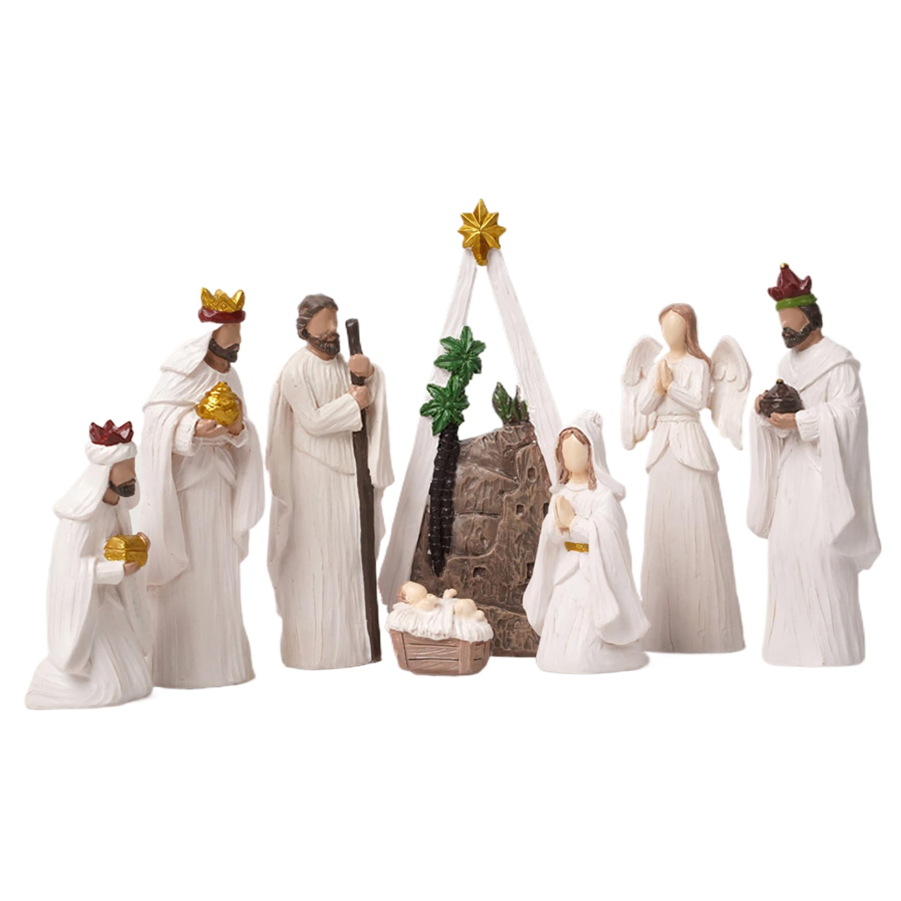 CAKEEYUM Nativity Set(8Pcs) Modern White Resin Nativity Scene Figurines Ornaments Religious Tabletop Xmas Collectibles for Holiday Decorations Set, Indoor, Sets & Figures