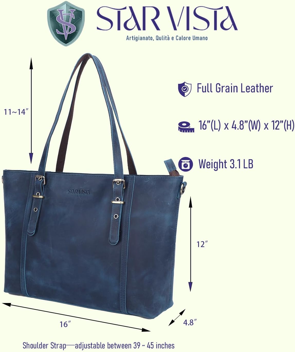 STAR VISTA Scopella Vintage Full Grain Leather Tote Handbag Shoulder bag, YKK Zippers,Adjustable Handles&Strap,Trolley Sleeve