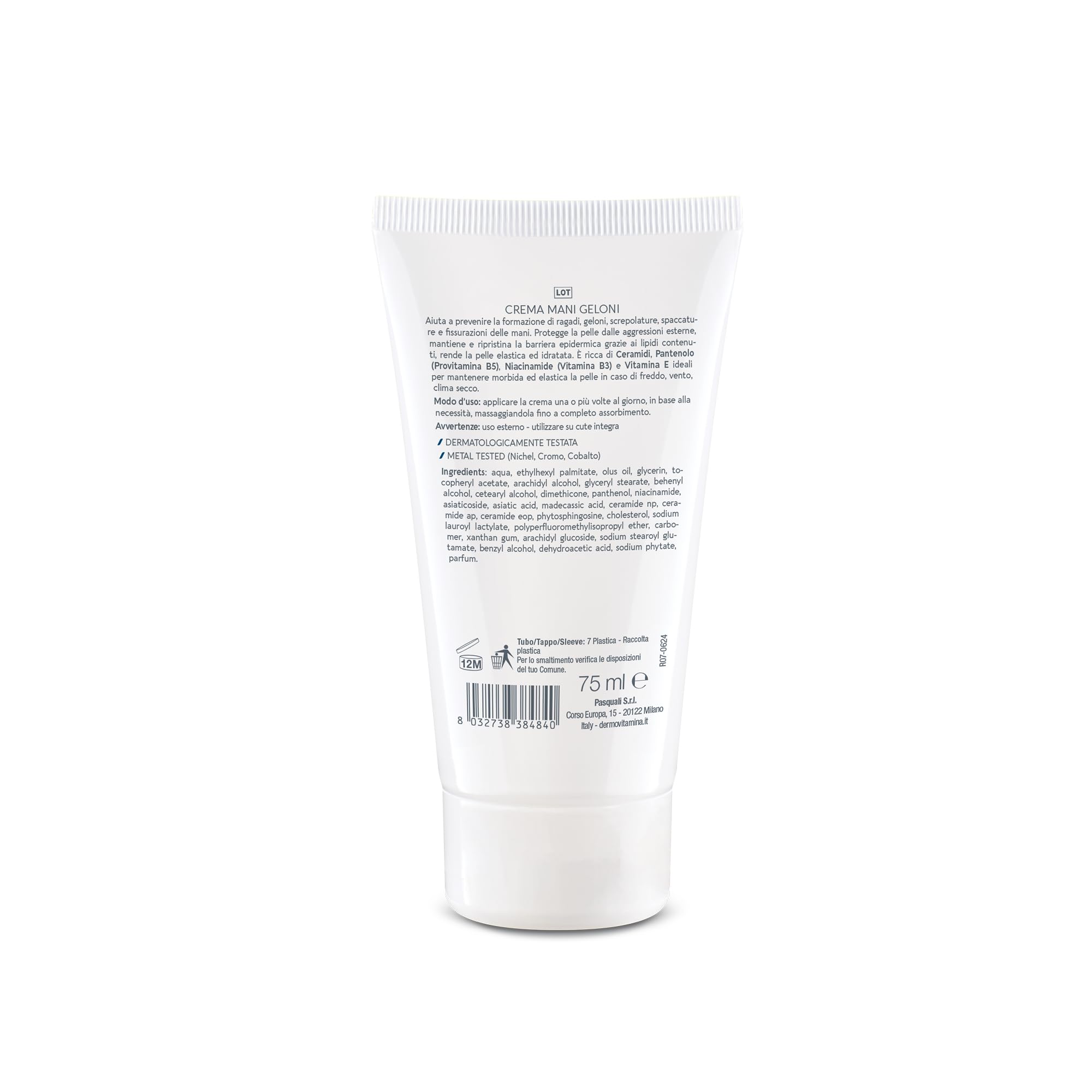 Dermovitamina Ragadi Geloni Crema Mani - Crema Mani Riparatrice - Pelle Secca e Screpolata - Tratta Fissurazioni e Geloni con Pantenolo, Vitamina E e Ceramidi - Assorbimento Veloce - 75 ml