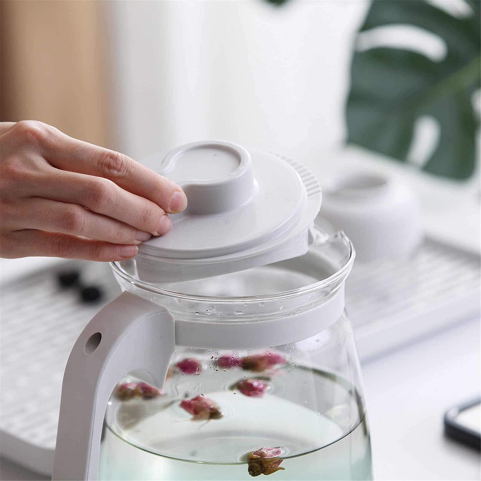 Jarra de Agua Transparente para Nevera, Jarra de Agua de Vidrio, Jarra de Gran Capacidad, Tetera con Tapa para Limonada y té Helado.(Blanco 2 litros)