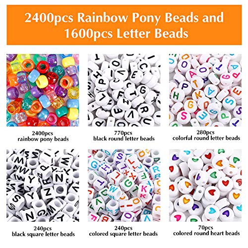 Uoony 4000Pcs Pony Beads Kit, 2400Pcs Rainbow Kandi Beads And 1600Pcs Letter Beads, 24 Colors Plastic Craft Beads Bulk For Bracelets Jewelry Making With 20M Crystal String And 30M Elastic String #TOP3