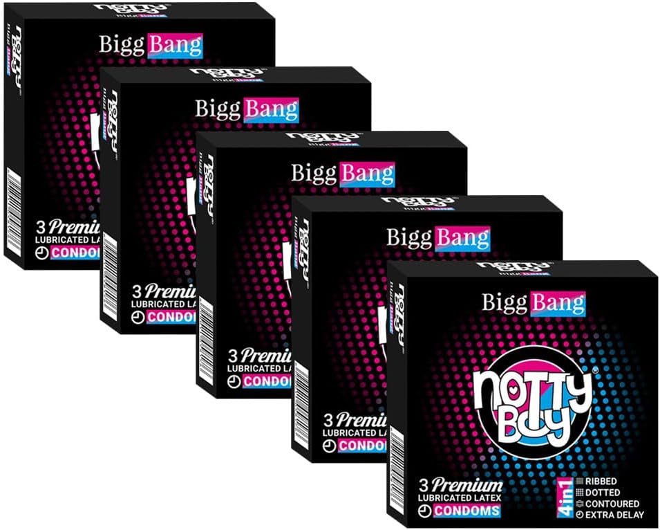 NOTTY BOY Value Pack - BiggBang 4-IN-One Delay Dotted Ribbed, Contoured Fit Shape, Long Duration Ultimate Stimulation Condoms - (Set of 5, 15 Units)