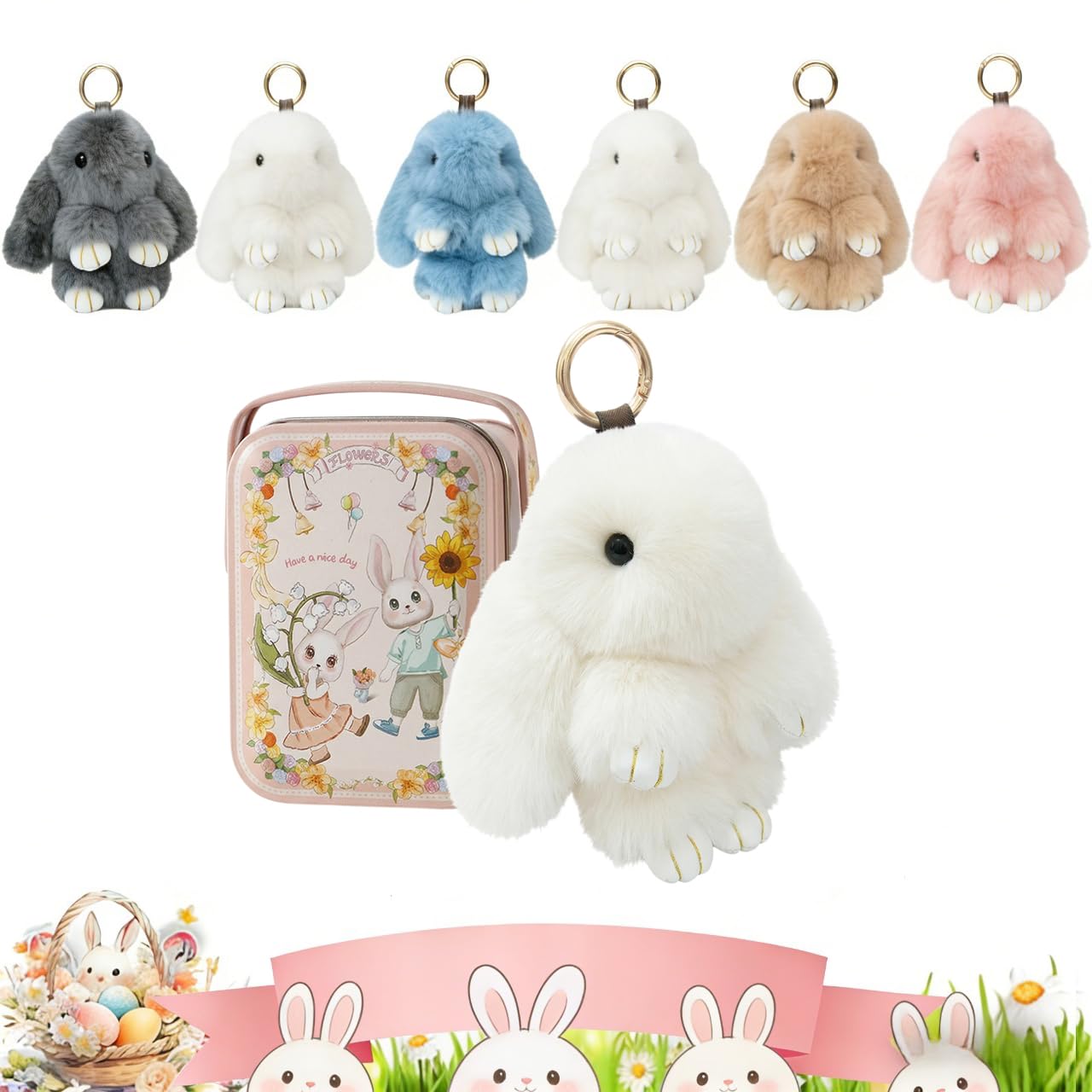 Bunny Keychain in Metal Tin Box, Fluffy Rabbit Plush Keyring with Soft Faux Fur, Cute Pom Pom Keychain for Women Girls, Bag Charm for Purse Backpack, Easter Gift Keyring Accessories (Beige)