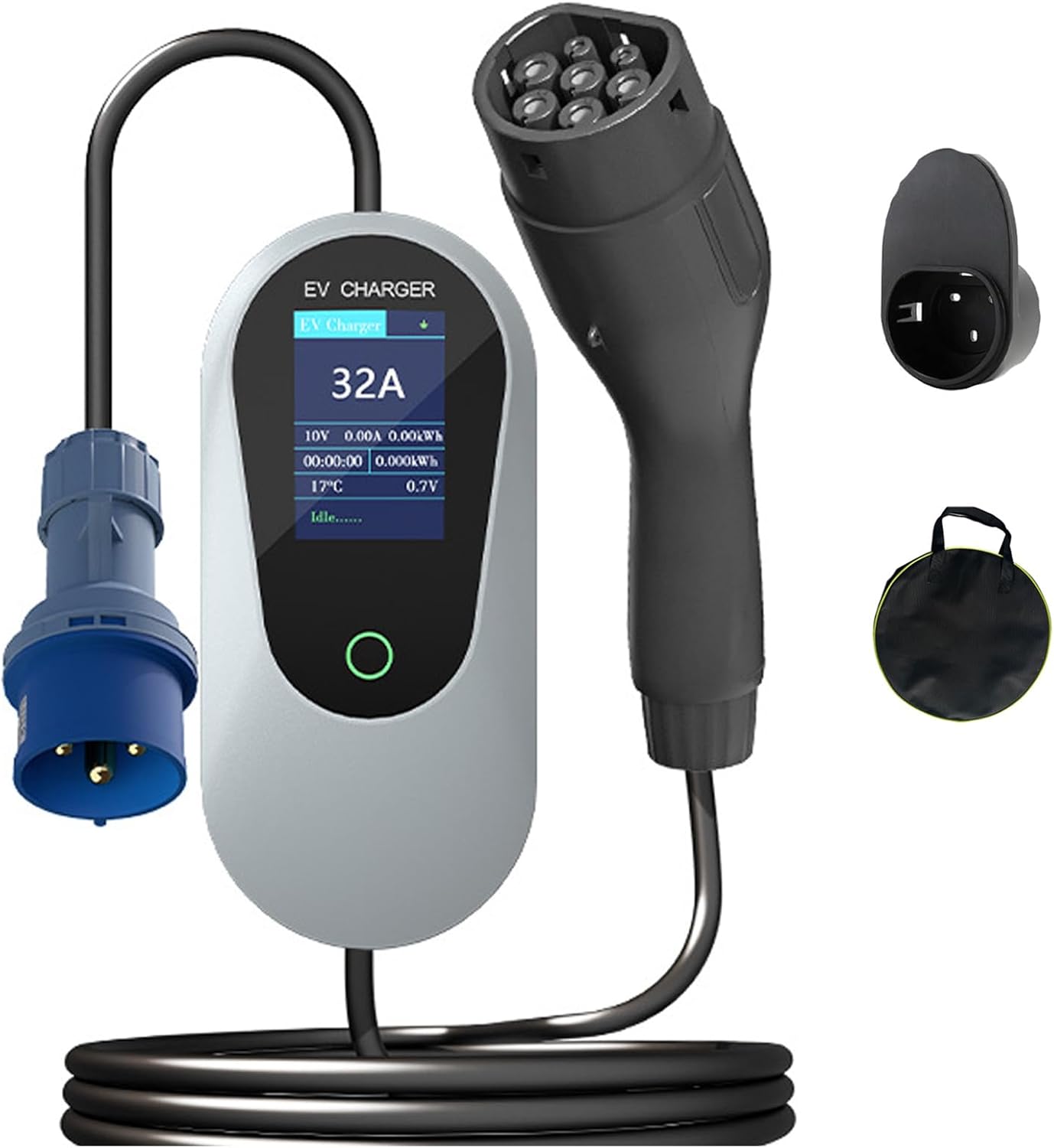 Cargador de Coche eléctrico con Enchufe CEE 7kW de 1 Fase Corriente Ajustable de 8-32A Cargador eléctrico portátil y doméstico con Pantalla LED/Temporizador de 1-10 Horas, Impermeable IP66,5m