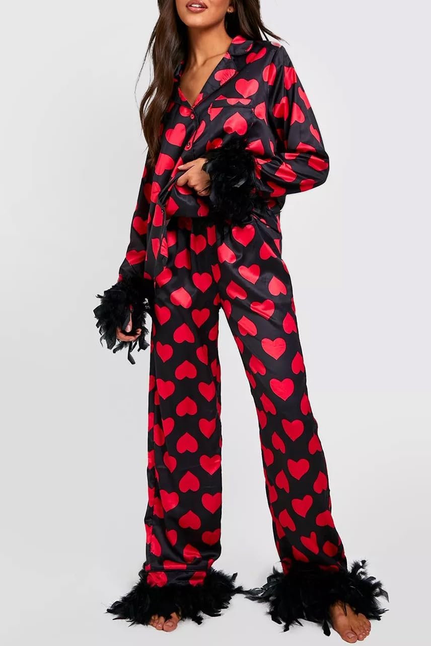 Women's Satin Silk Pajamas Sexy Feather Trim Long Sleeve Button Up Pjs Shirt Sleep Pajama Pants 2 Piece Lounge Sets - Image 2