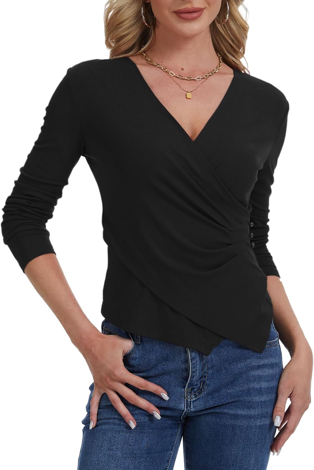 Womens Long Sleeve Wrap Tops, Casual V Neck Cross Wrap Top Ruched Asymmetrical Slim Fit Shirts