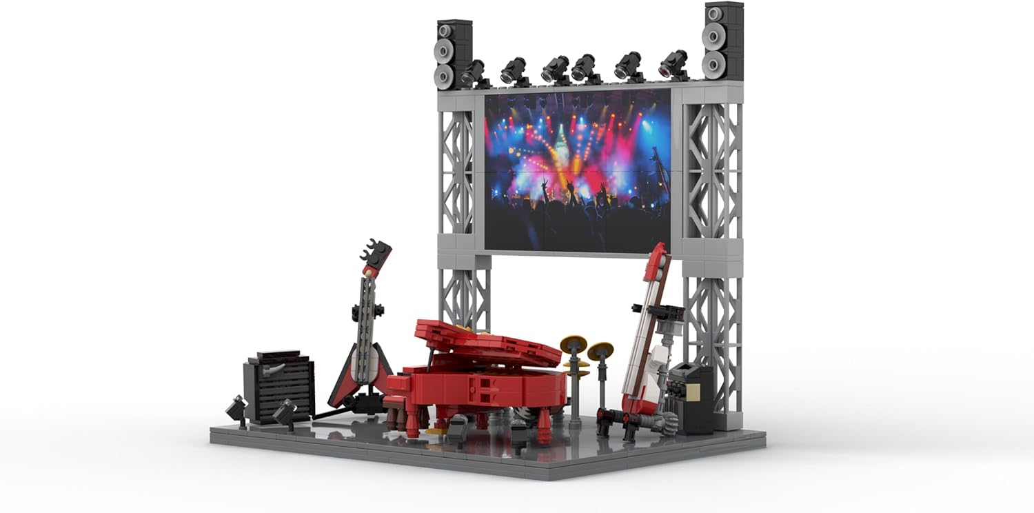 Rock Concert Building Blocks Set, 573PCS MOC Model with LED Light Stage, Piano, Guitar, Bass & Drum Set, Collector Music Gift for Adults & Fans