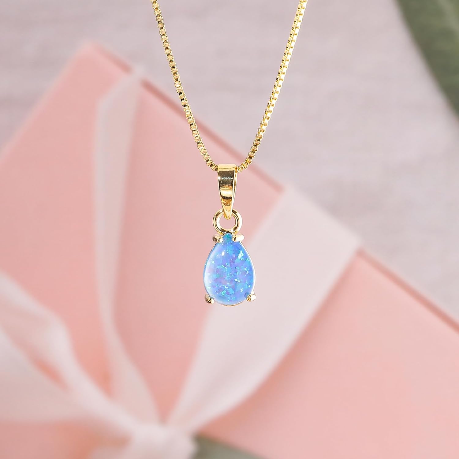 CiNily Opal Pendant Necklace for Women Multi-colored Teardrop Birthstone Necklaces 14K Rose Gold/Gold Plated Dainty Simple Gold Chian Necklace, Birthday Anniversary Wedding Gifts 7x10mm - Image 4