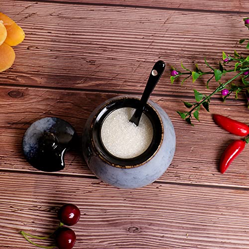 Antique Ceramic Sugar Bowl Salt Bowl With Lid And Spoon 8Oz Seasoning (Grey Blue) Seasoning Can #TOP7