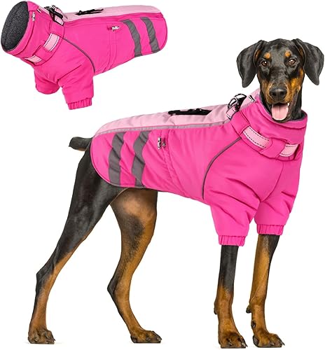 ASENKU Abrigo cálido para perro, chaqueta de invierno para perro con arnés impermeable, traje de nieve reflectante de cuello alto para perro, ropa