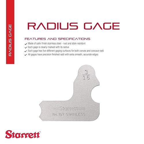 Miniatura 35 de Starrett Medidor de radio individual para radios convexos y cóncavos, ideal para carpinteros y construcciones, acero inoxidable, calibre de radio