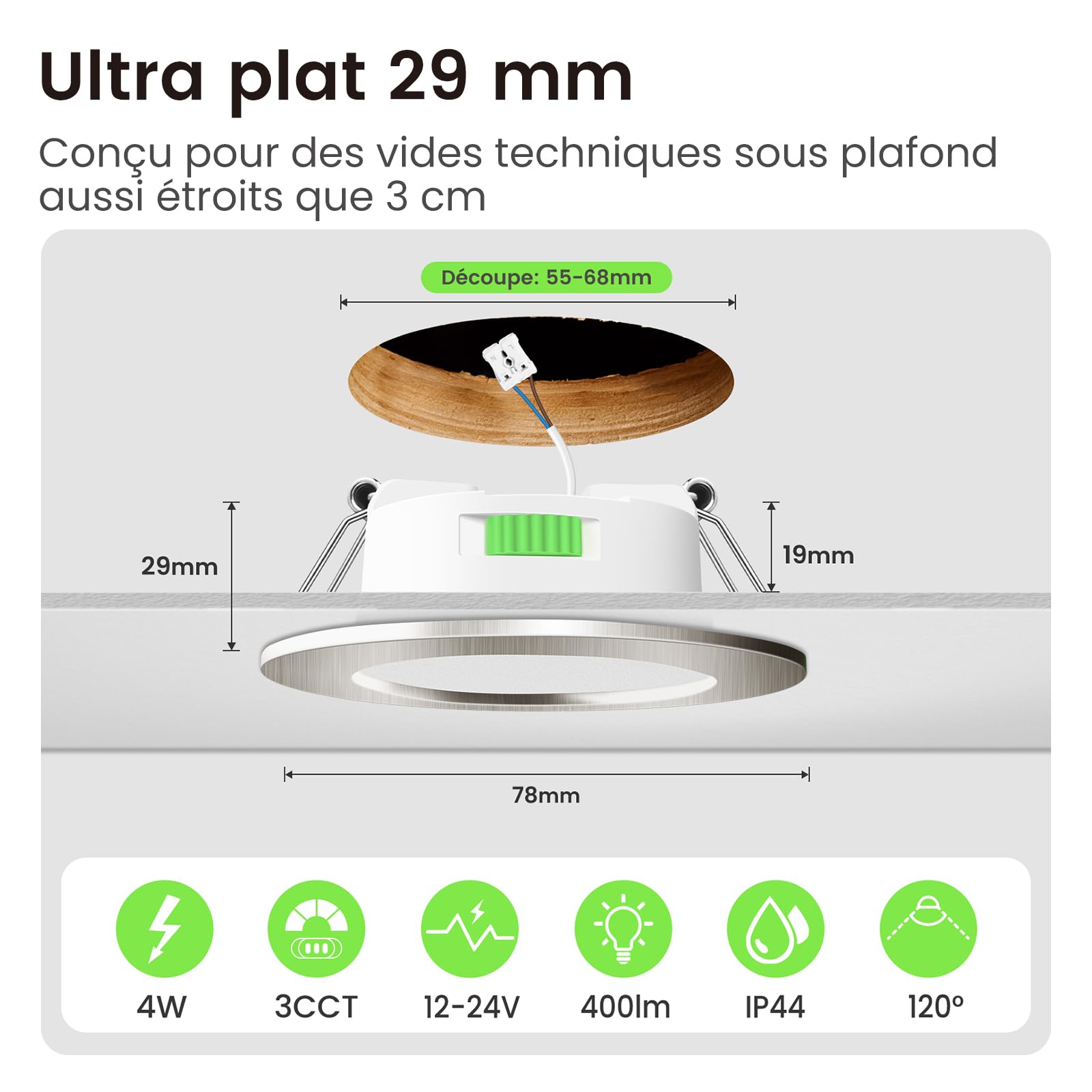 ALUSSO Lot de 6 Spot Led 12V,3CCT Ø55-68mm IP44 Pour Camping-car,Nickel