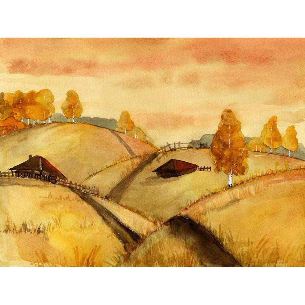 Wee Blue Coo Watercolour Russian Fields Landscape Art Print Poster Wall Decor 12X16 Inch