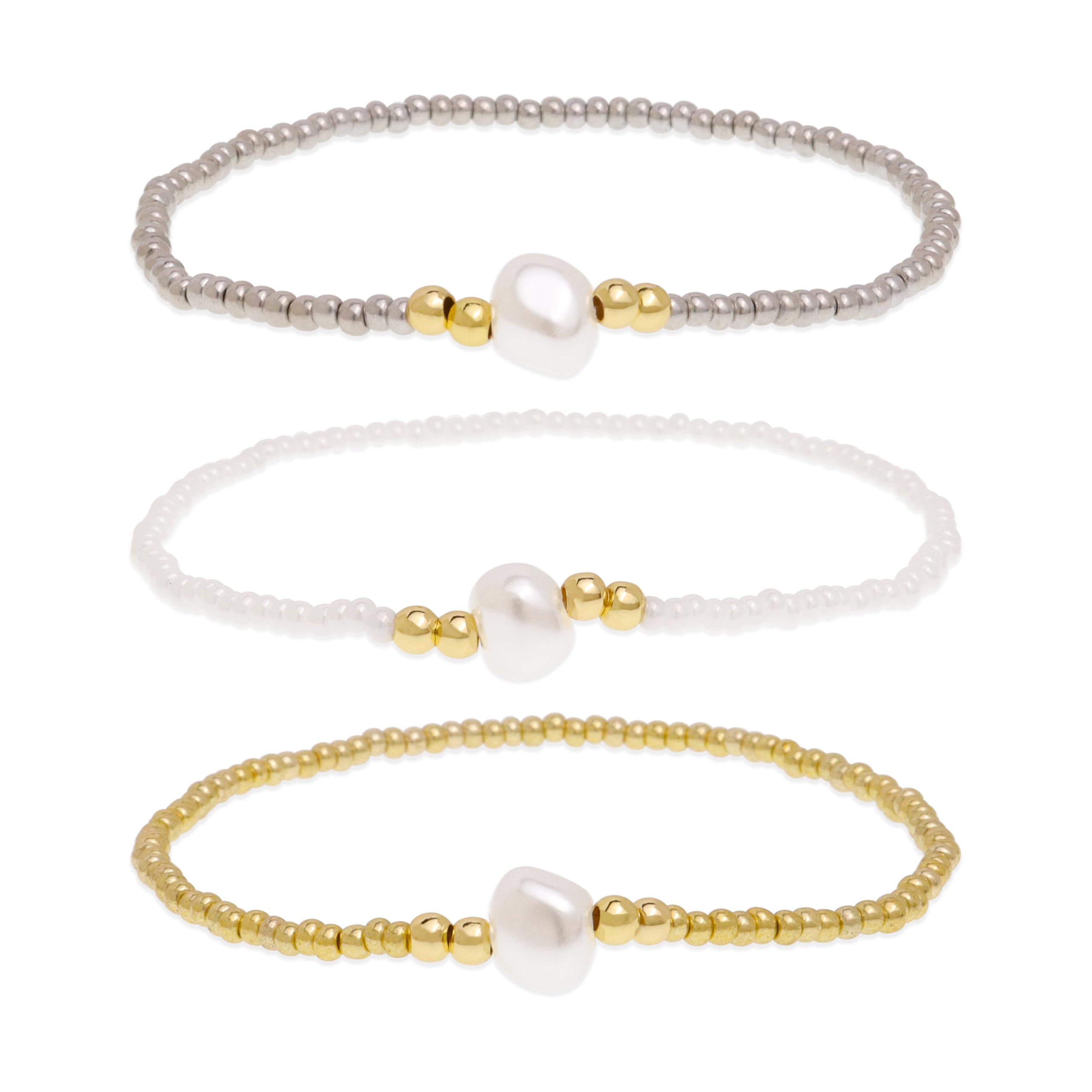 Tyebiva Dainty Gold Gray White Small Beads Bracelets Set for Women, Trendy 3Pcs Boho Handmade Freshwater Pearl Beaded Stackable Stretch Bracelet Prom