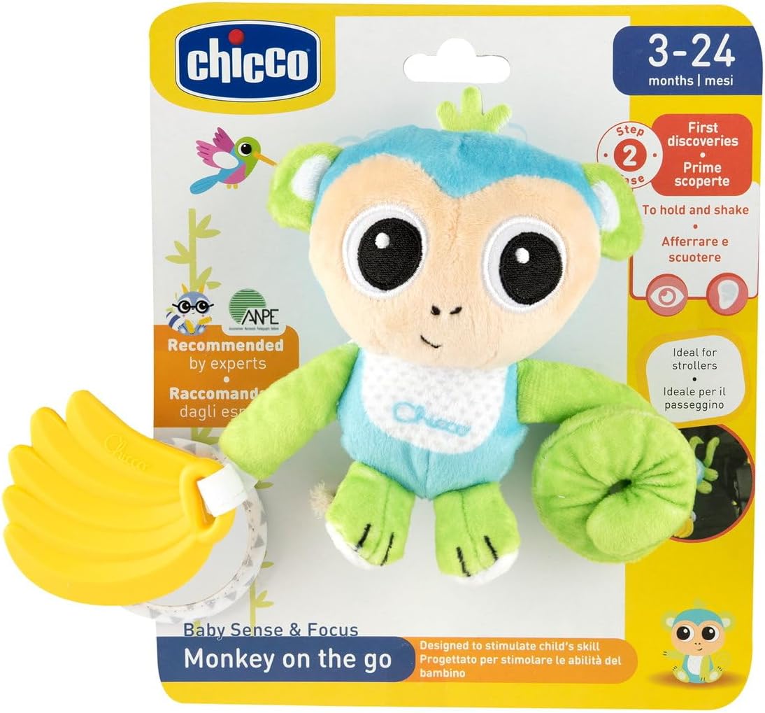 Chicco Monkey Rattle with Soft Teething Teether, Mirror for Light Games, Can Be Hung on Stroller, Machine Washable, Toys for Kids 3-24 Months