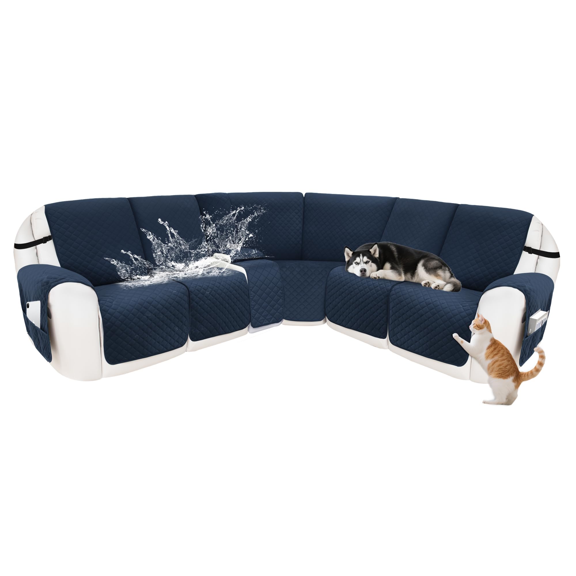Photo 1 of SYJOVIA Reclining Sectional Couch Covers 100% Waterproof Velvet L Shape Recliner Sofa Cover for Dogs Pets Washable Anti Slip Recliner Slipcovers with Pockets (5 Seat Sofa with 1 Console, Navy Blue)