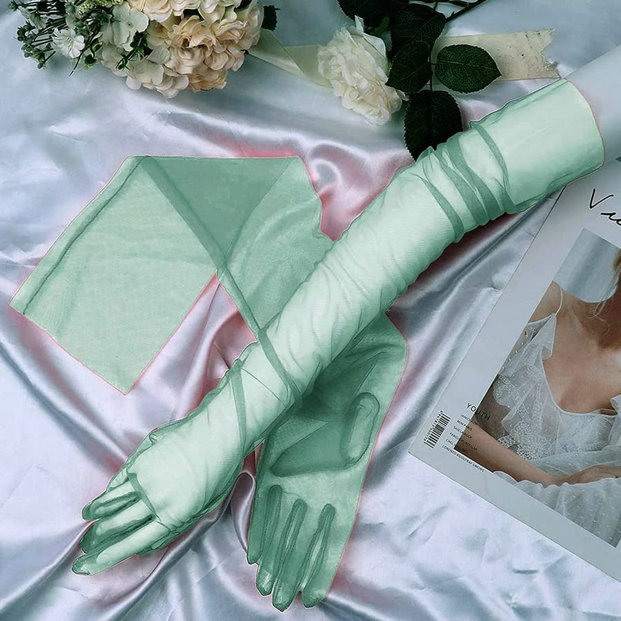 1 Pair 70CM Women Elbow Long Tulle Gloves Stretchy Lace Wedding Bride Dress Full Finger Mittens Gloves Party Gifts (Dark Green)3