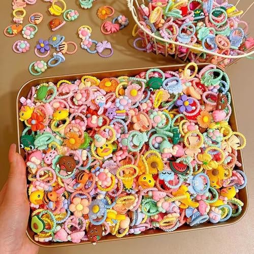 lurora2021 Juego de 80 Gomas para Pelo Coloridas Lazos de Pelo Banda Elástica Cinta para El Cabello de Color Mixto Gomas de Pelo Niña Con Diseños de Animales, Frutas, Flores Y Lazos (Patrón Aleatorio)