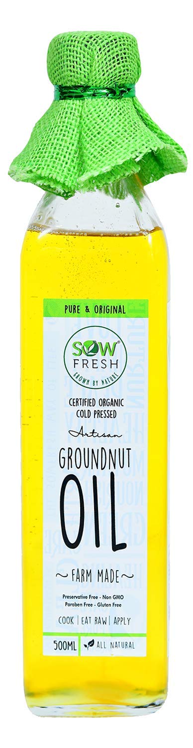 Sow FreshGrown by Nature Organic Cold Pressed Groundnut Oil - Vegan Cold Pressed Peanut Oil for Cooking - Vitamin E & D Rich - Gluten Free - No Added Preservatives - USDA Certified - 500ml