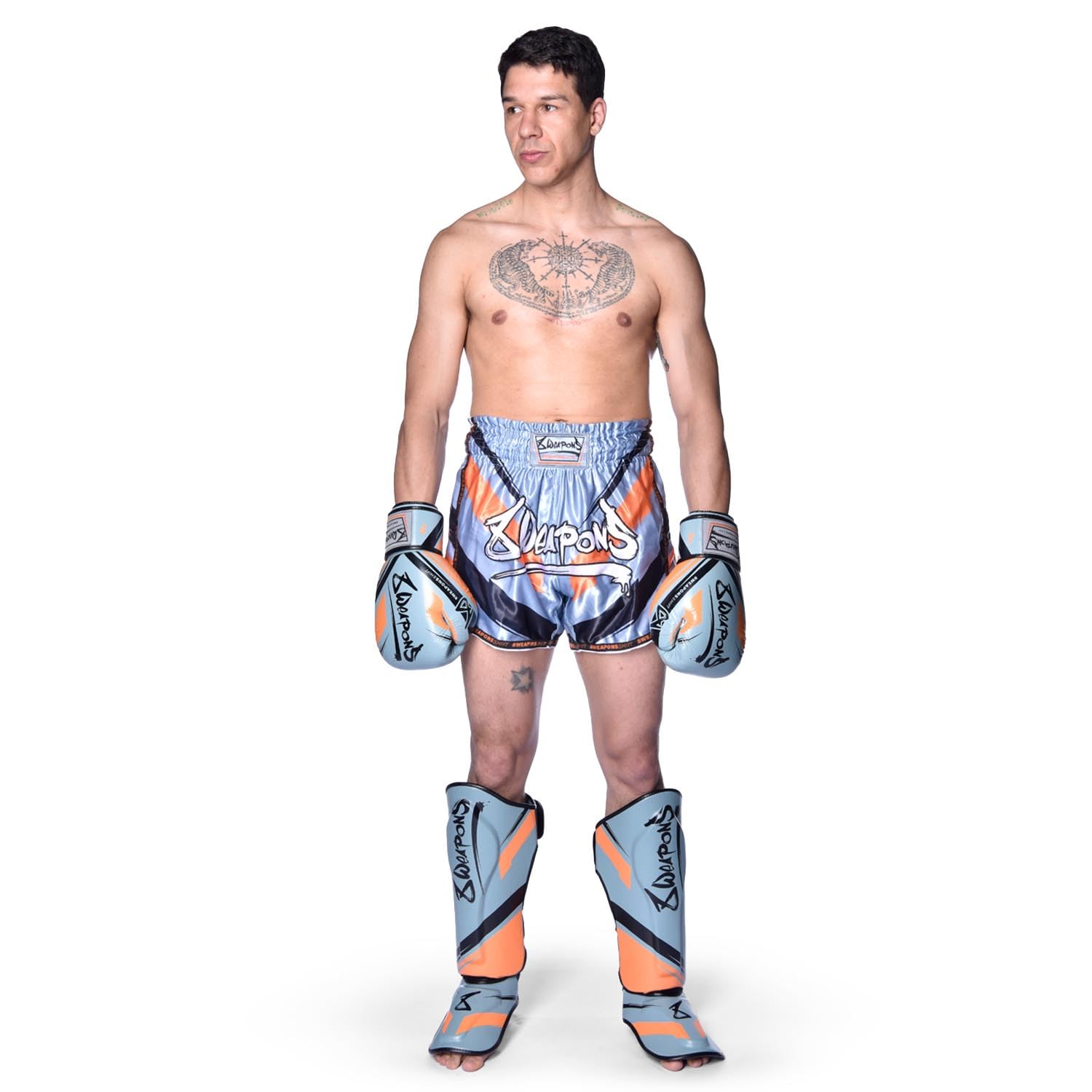 8 WEAPONS Muay Thai Shorts Shift, Eisgrau-Orange, Kickboxhose für Training & Wettkampf, Thaibox Shorts Satin, Atmungsaktiv, Langlebig, Kampfsporthose für MMA, K1, Boxen, Thai Boxen