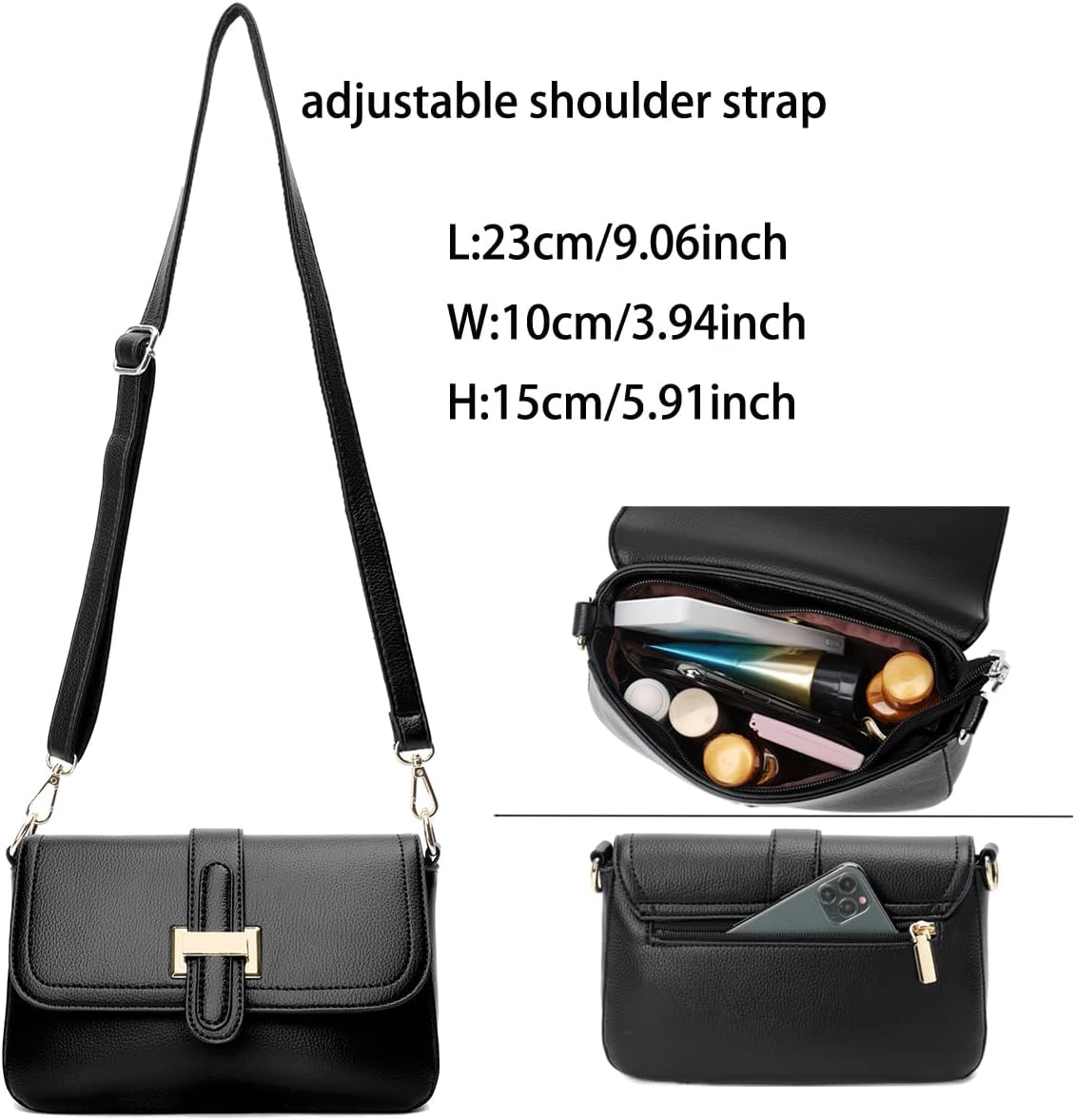 Women's PU Leather Crossbody Bag with Gold Buckle, Chic Small Shoulder Purse, Lightweight Multi-Pocket Handbag