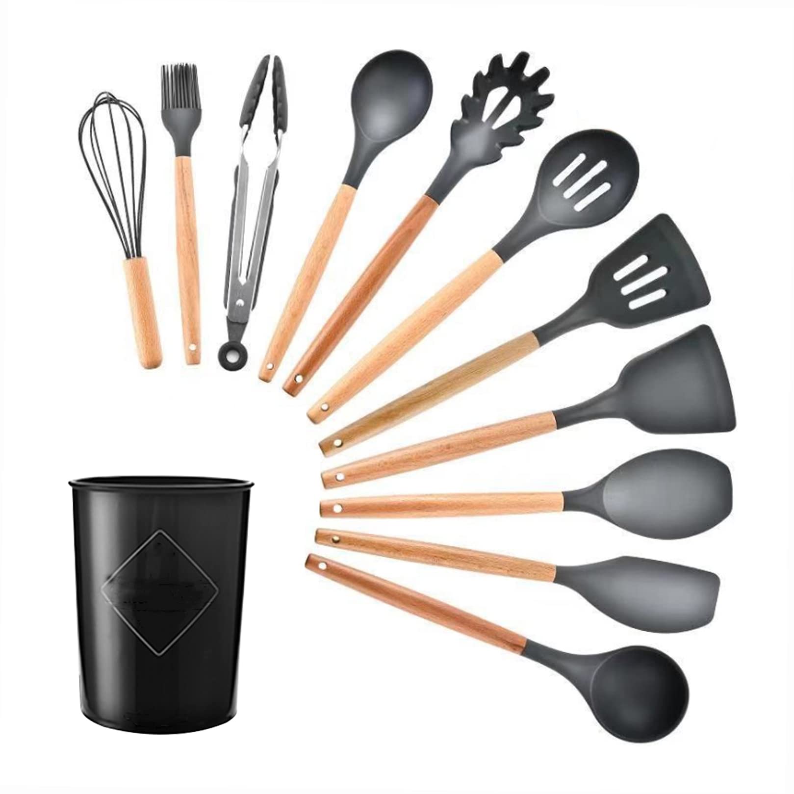 Labymos11PCS Cooking Utensils with Storage Holder Kitchen Utensil Set Silicone Kitchenware Set Wooden Handle Cookware Set Chef Nonstick Cookware Kitchen Gadgets