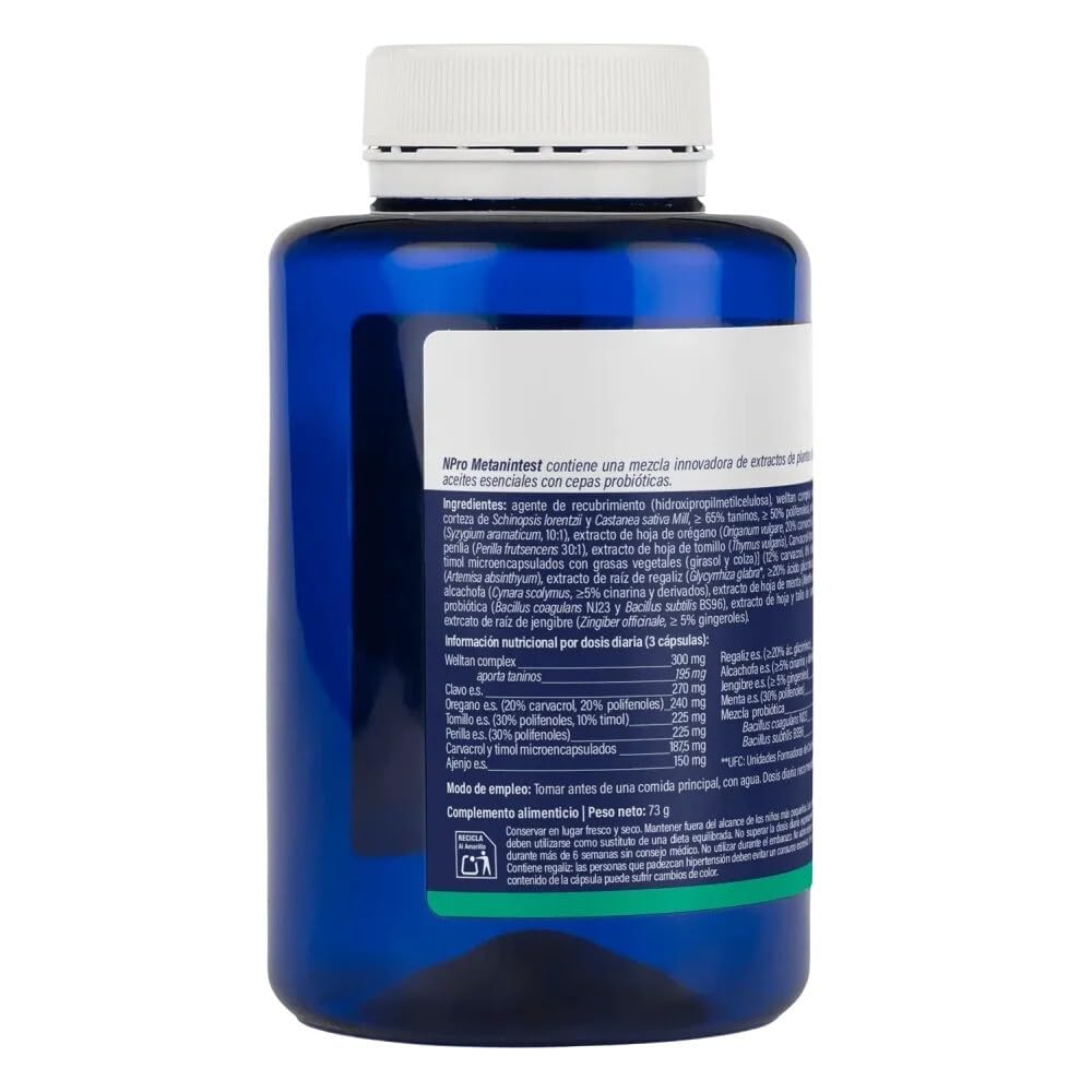 NPro SALUD INTESTINAL Metanintest 90 Cápsulas – Suplemento con Welltan Complex, Orégano, Tomillo y Probióticos Bacillus – Ayuda frente a Sobrecrecimiento IMO/SIBO y Mejora Tránsito Intestinal