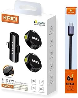 Kit com 2 microfones de lapela sem fio preto acompanha cabo tipo-c