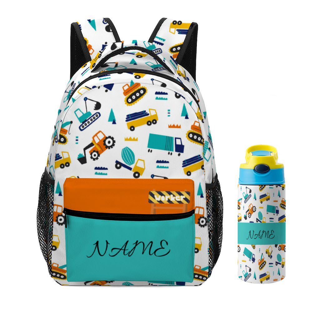 SUQINFA Custom Cartoon Colorful Car 2 Pcs Backpacks for Kids Girls Boys, Personalized Backpack Water Bottle with Names Customized Book Bags for