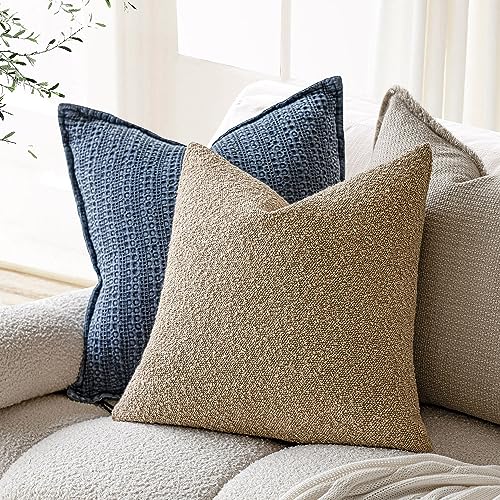 Image of Foindtower Set of 2, Decorative Textured Boucle Throw Pillow Covers Accent Solid Pillow Cases Soft Cozy Couch Cushion Case for Chair Sofa Bedroom Living Room Home Decor 16 x 16 Inch Taupe Khaki Camel