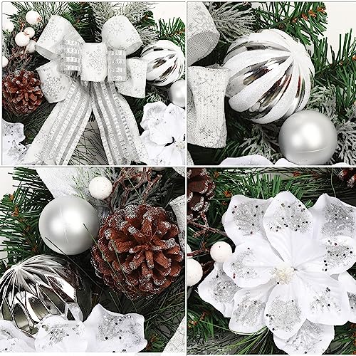 GarveeHome Christmas Wreath with Lights, 24 Inch Pre-lit Silver White Xmas Wreath with 20 Battery Operated LED Lights Artificial Magnolia Flower & Bow for Front Door Window Indoor Outdoor Decorations