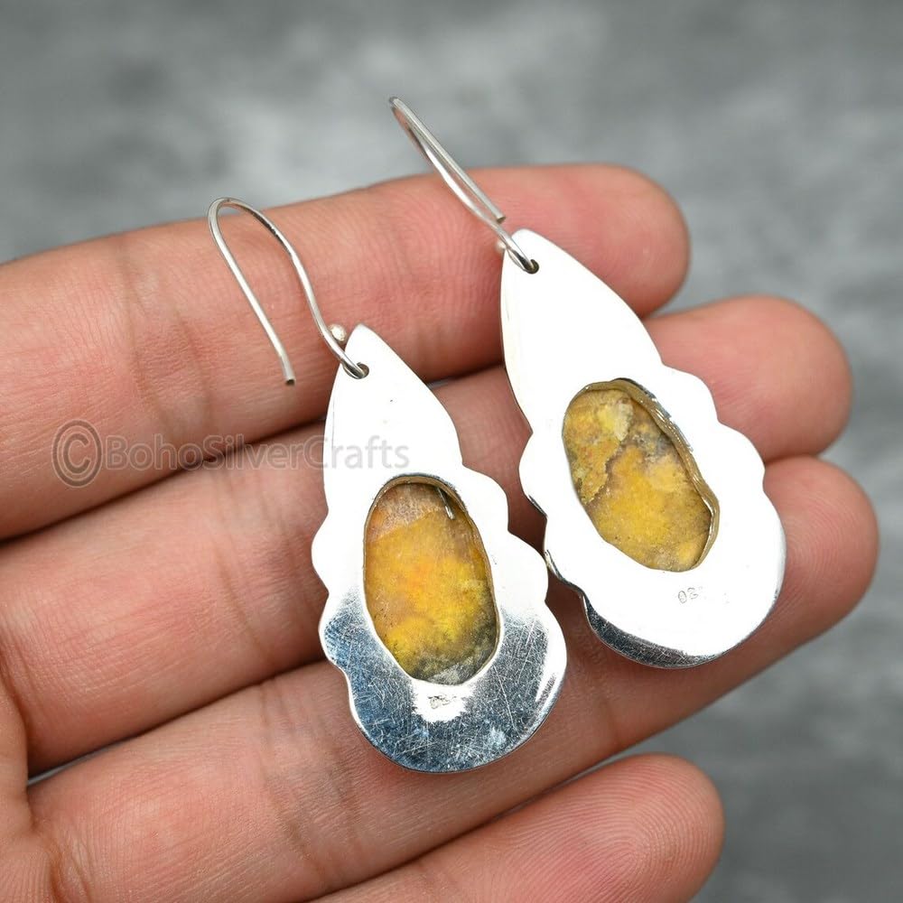 Natural Bumble Bee Jasper Dangle Earring, Fishhook Dangle Earring, Statement Dangle Earring, Handmade Silver Earring, Bumble Bee Jasper Gemstone Earring, Stacking Dangle... - Image 5