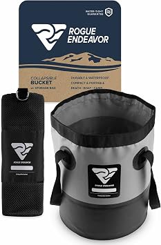 Rogue Endeavor Heavy Duty Collapsible Bucket 3 Gallon 15L, Mesh Bag, Beach and Salt Water Ready, Durable Reinforced Design with Metal Hardware Black 3 Gallon 15L