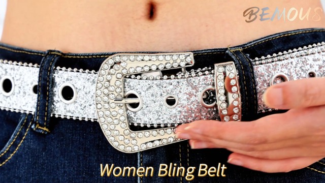 Bemous Rhinestone Belts for Women Silver Cowgirl Belt at  display picture 1