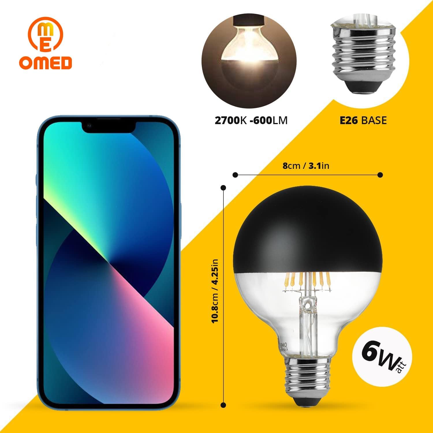 OMED LED Globe Light Bulb dimensions and E26 base