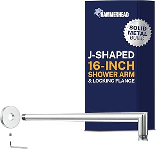 HammerHead Showers® Solid Metal 16 Inch Extended Shower Arm and Flange with Set Screw, Long Shower Arm, Extends Rain Shower Overhead, Wall-Mounted Rain Shower Arm, Chrome