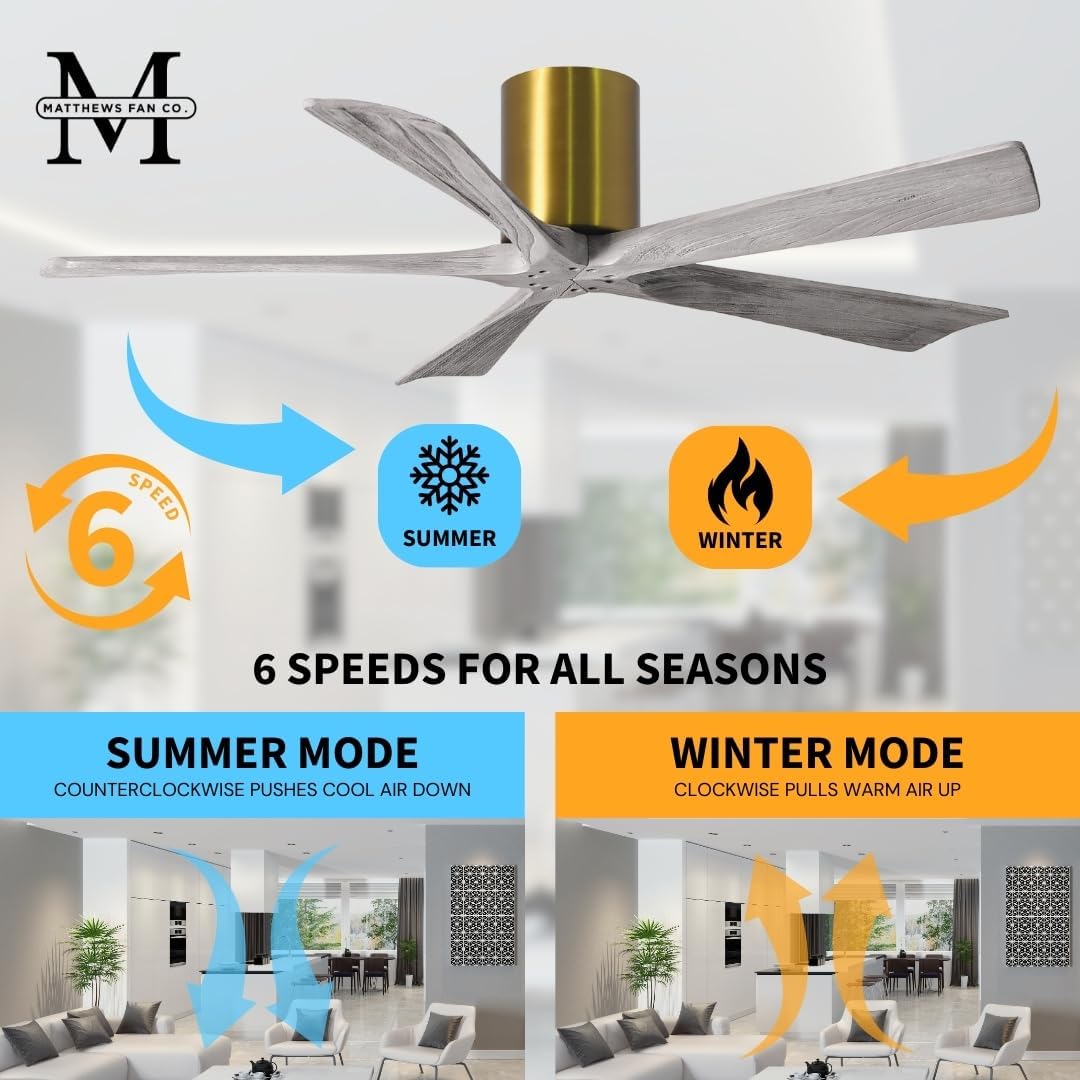 Matthews IR5H-BRBR-BW-52 Irene Damp Rated 52" Flush Mount Ceiling Fan with Remote & Wall Control, Silent DC Motor, 5 Barn Wood Tone Solid Wood Blades, Brushed Brass