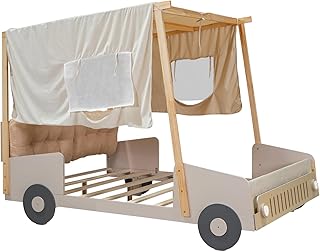 Harper & Bright Designs Full Size Kids Car Bed with Pillow, Ceiling Cloth and LED Light, Full Playhouse Bed Frame, Kids Canopy Bed, Wood Full Platform Bed for Kids Boys Girls Teens (Natural, Full)