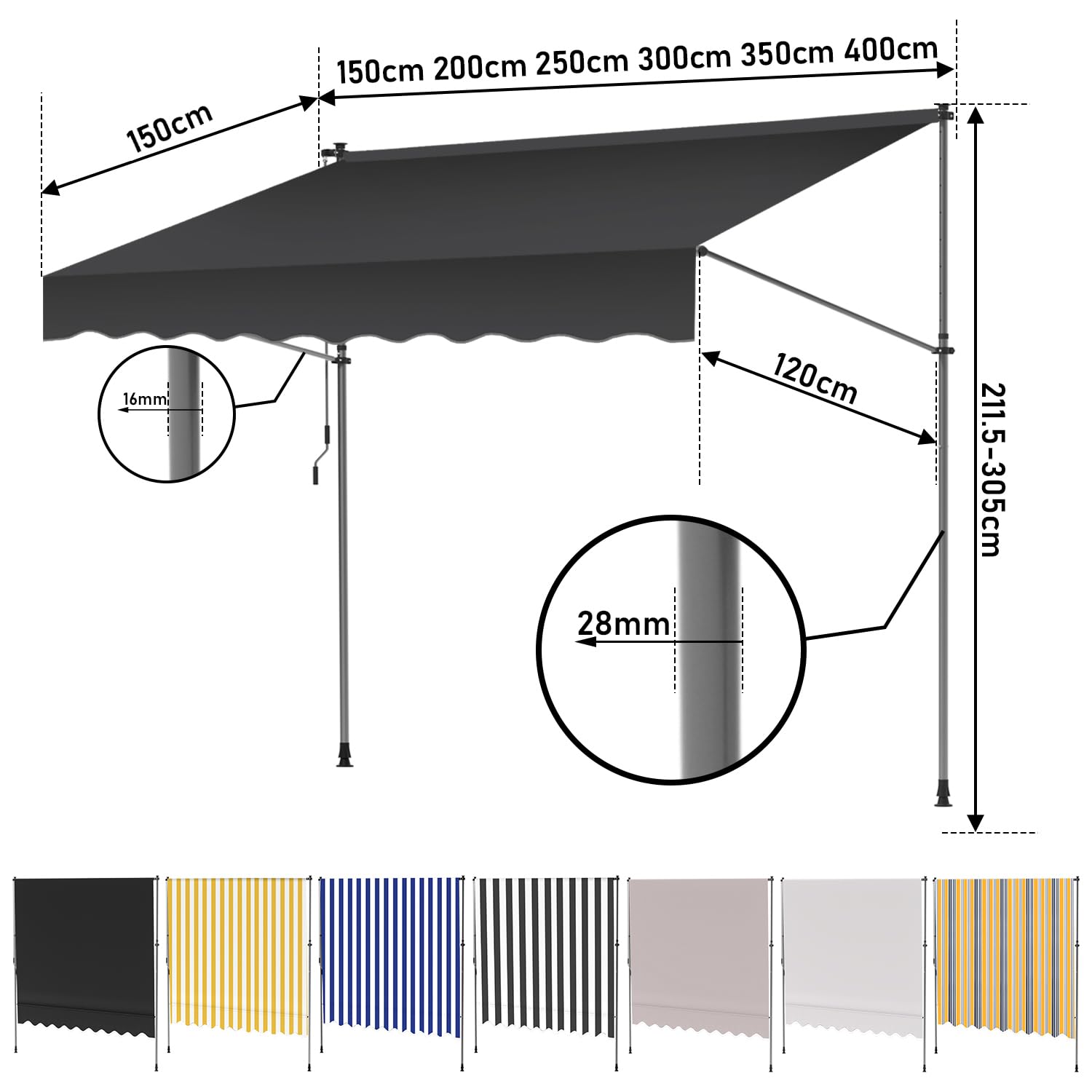 Ikodm Toldo con manivela 250 x 120 x 200-300 cm, toldo para Balcones sin Agujeros, Resistente a los Rayos UV 50 +, Altura Regulable, protección Solar, Impermeable, fácil Montaje