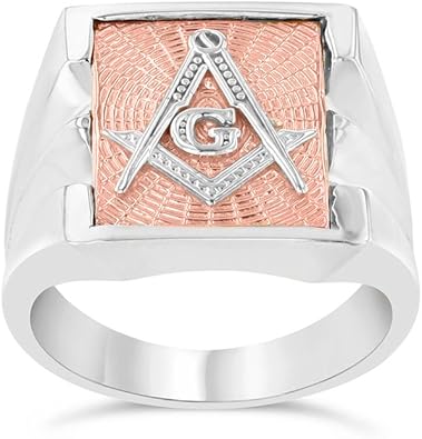 Mens Masonic Freemason Square & Compass Ring in Solid 14k Two-Tone White Gold
