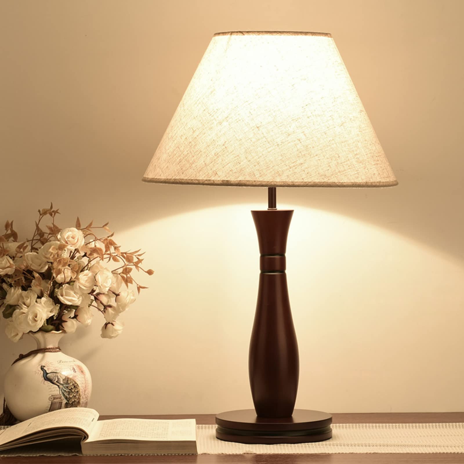 Luce da Scrivania Luce per la Lettura Lampade da tavolo retrò Lampade da comodino in legno con paralume in tessuto Lampade da comodino in stile nordico for Home Office Cafe Restaurant, lampada da como