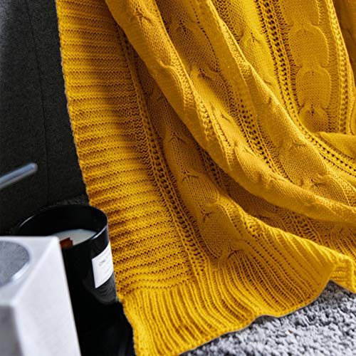 Jinchan Cable Knit Throw Blanket For Couch Lightweight Soft Cozy Twin Size Throw Blanket Mustard Yellow Decorative Throws For Modern Farmhouse Living Room Bedroom 60"X80" Accent Throw For Gifts #TOP2