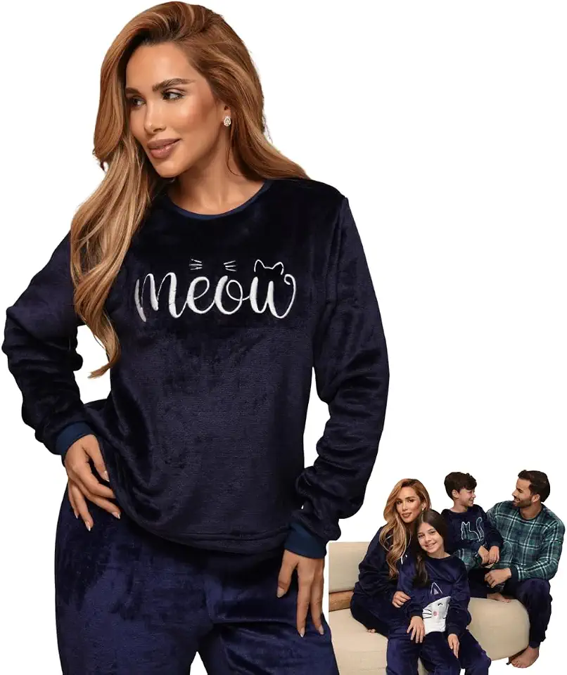 Pijama Feminino de Inverno Fleece Soft Plush Longo Adulto de Frio Manga Longa Família Peluciado Quentinho Grosso Flanelado Xadrez Peluciado Felpudo